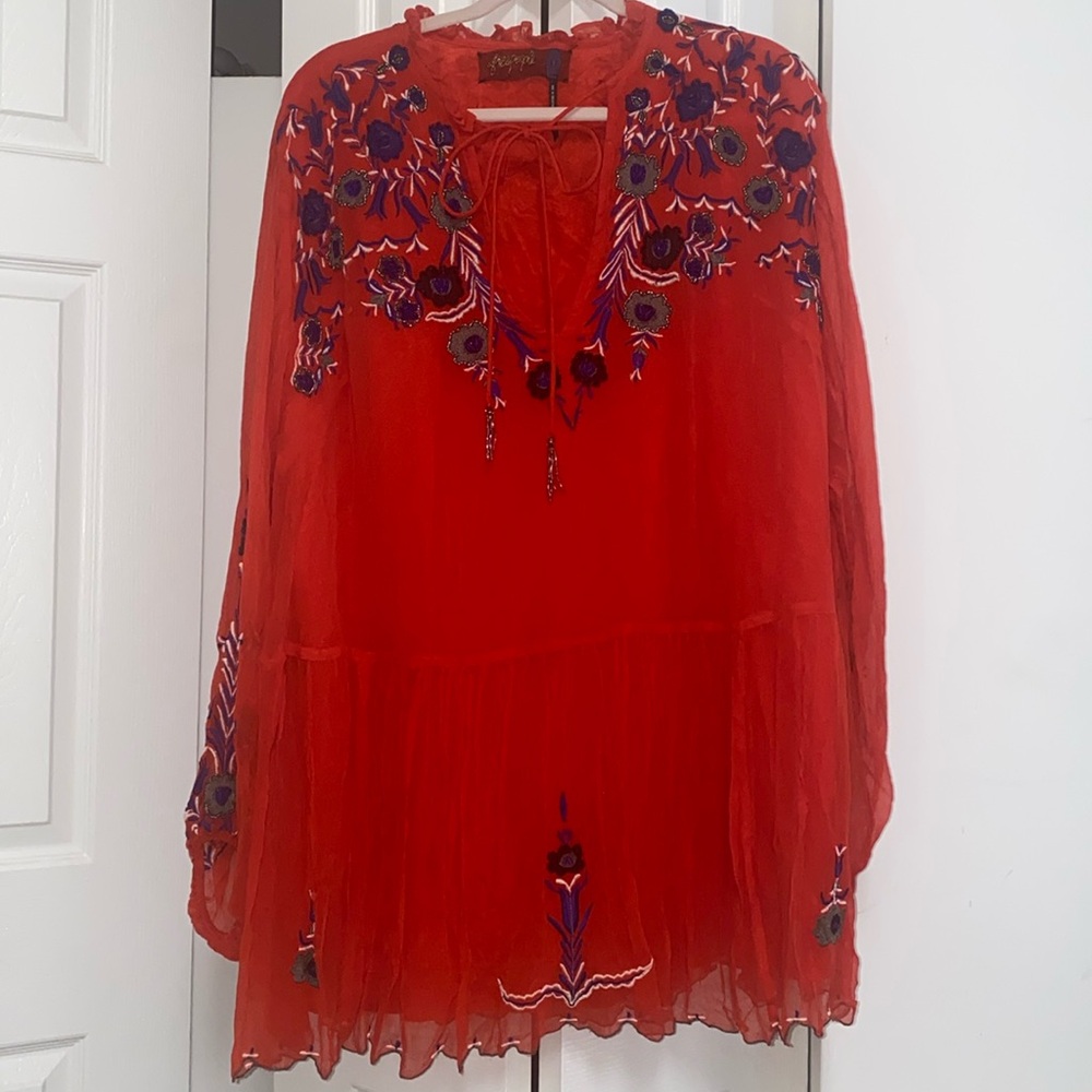 NWT Free People red embroidered beaded drop waist dress special edition  sz S